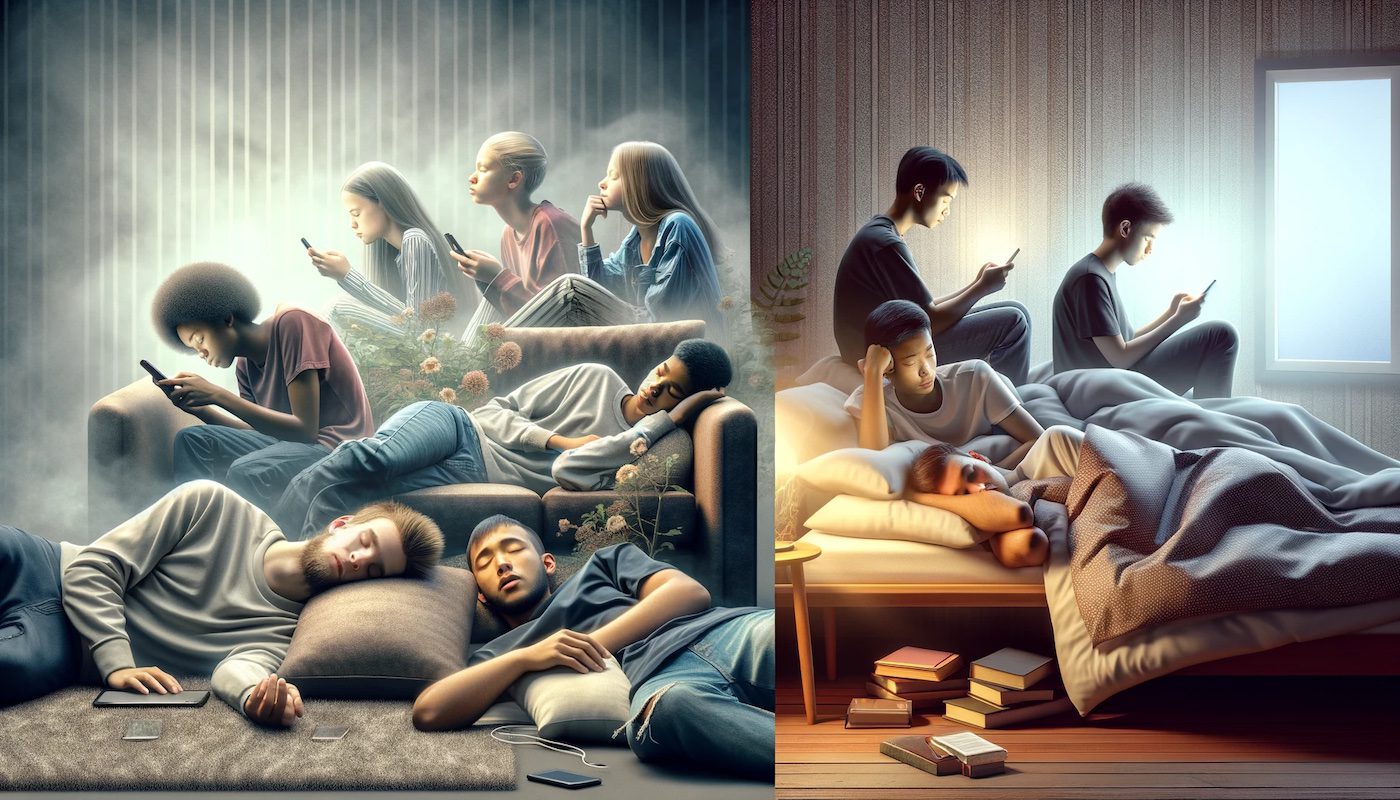Generación Z dormida con smartphones en un sofá y Millennials dormidos en una cama, simbolizando estilos de vida distintos.