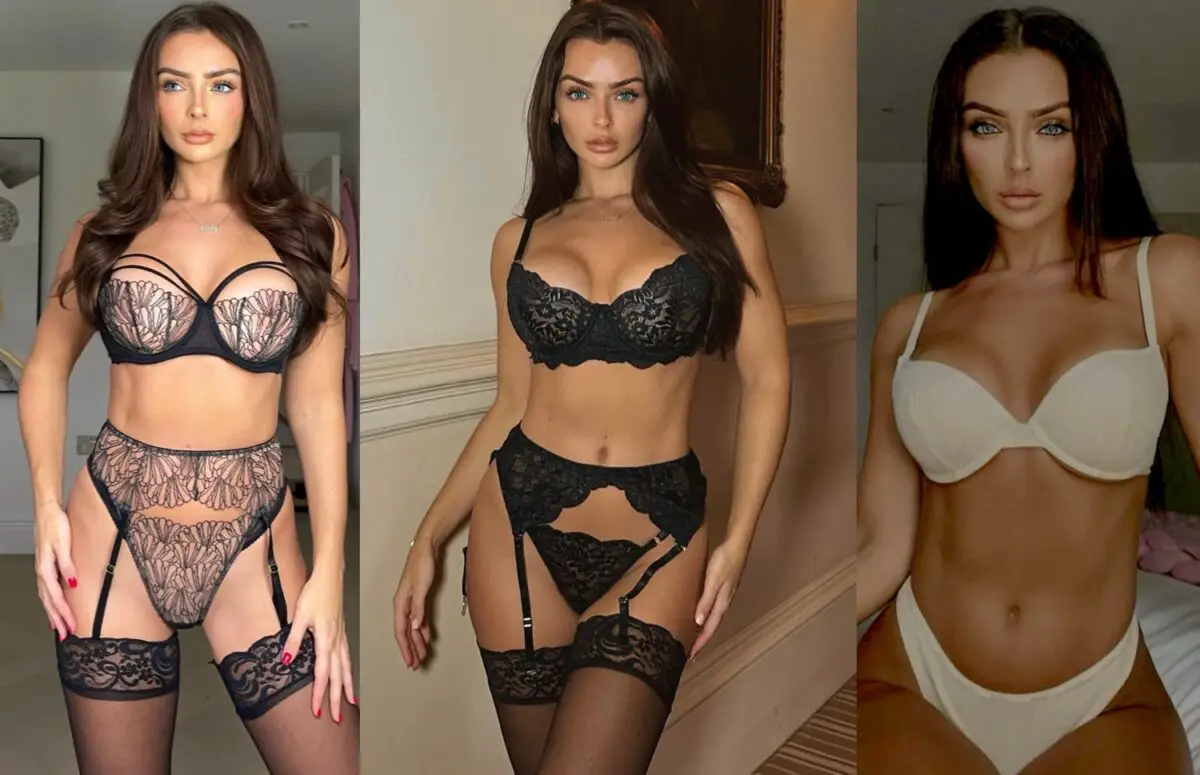 Kady McDermott en un collage de tres fotos vistiendo lencería sexy con mirada seductora