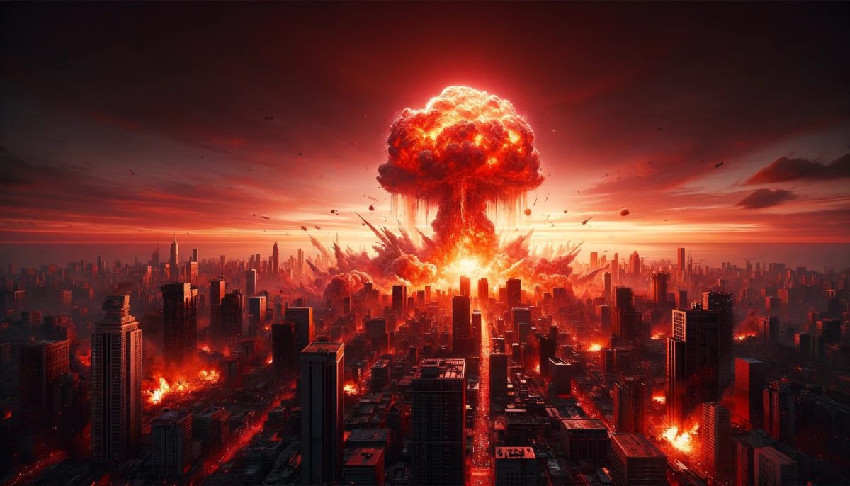 Imagen impactante de una ciudad en pleno apocalipsis, con una explosión gigante en su centro, bajo la amenaza de un Sol expansivo