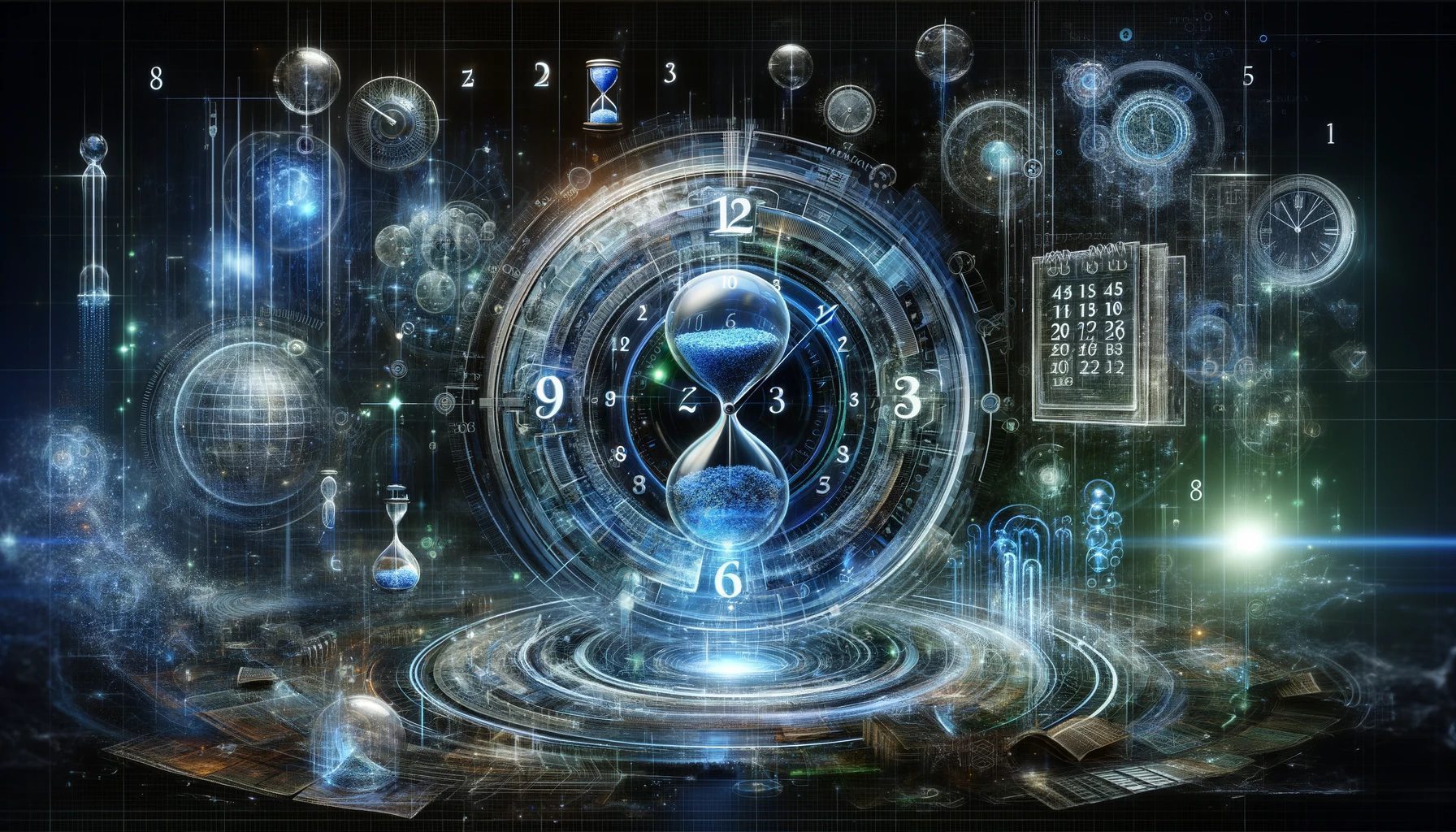 Obra de arte digital abstracta que muestra una cuenta regresiva futurista hacia el fin del mundo, simbolizada por un reloj digital desenfocado rodeado de símbolos flotantes del tiempo en un entorno cósmico.