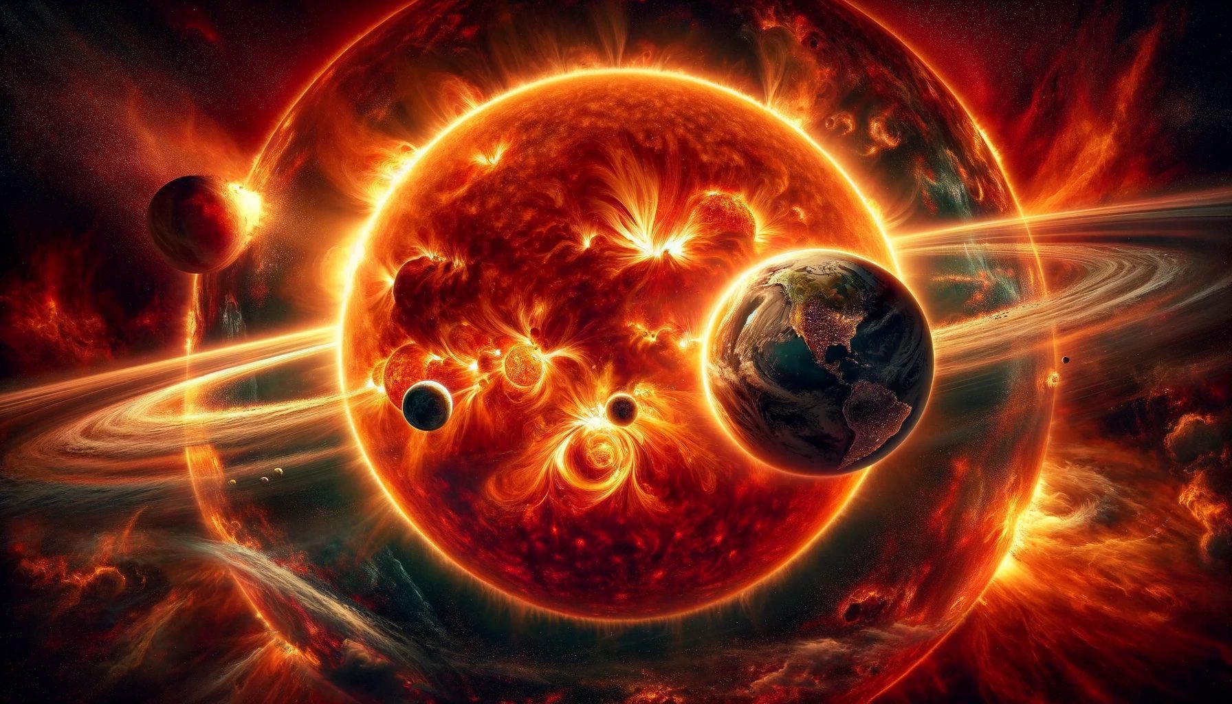 Ilustración del apocalipsis causado por la expansión del Sol en su fase de gigante rojo, engullendo los planetas cercanos, según la predicción de la IA.