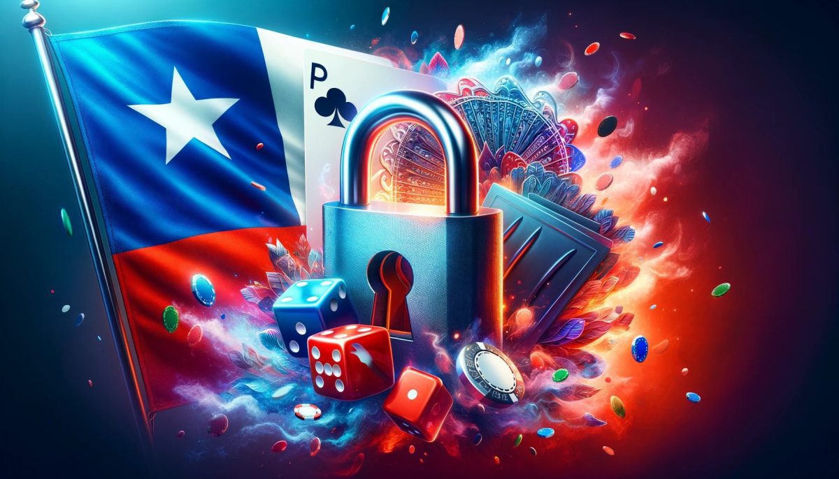 Ilustración de un casino online seguro con elementos de juego y la bandera de Chile