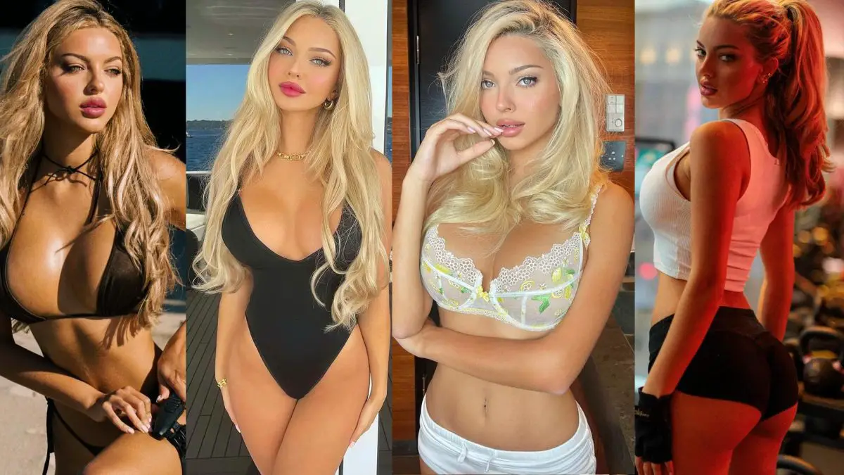 Collage de fotos de Sophie Saint, modelo, posando en diversos bikinis y lencería destacando su elegancia y sensualidad.