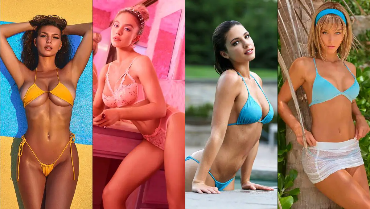 Rachel Cook, Sydney Sweeney, Maliaagee, y Keilah Kang, modelos estadounidenses posando en bikinis y lencería, destacándose por su impacto en Instagram y otras redes sociales.