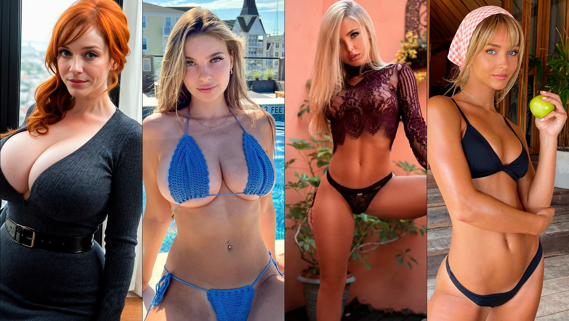 Christina Hendricks, Grace Boor, Emma Kotos, y Madeline Hope, modelos americanas posando en diversos atuendos de moda, destacándose en el mundo del modelaje y las redes sociales.