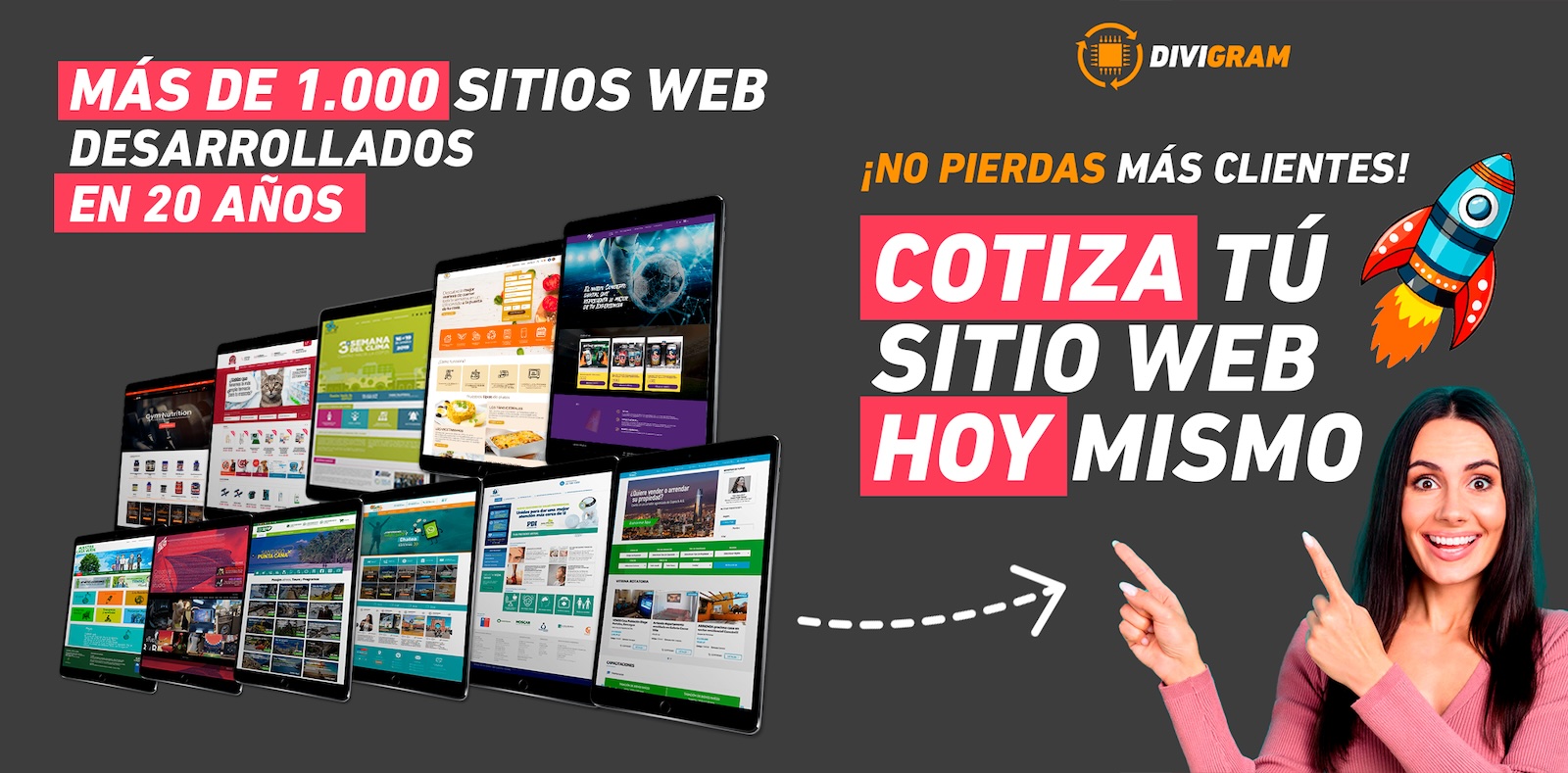Promoción de la agencia Divigram en Chile, incentivando a cotizar un sitio web para captar más clientes, con una ilustración de cohete y persona señalando.