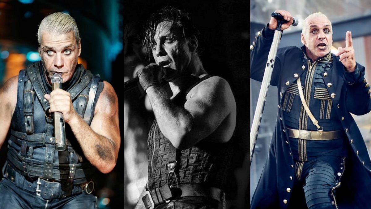 Till Lindemann en tres momentos clave de su carrera como vocalista de Rammstein, mostrando su energía en el escenario y su icónico estilo teatral.