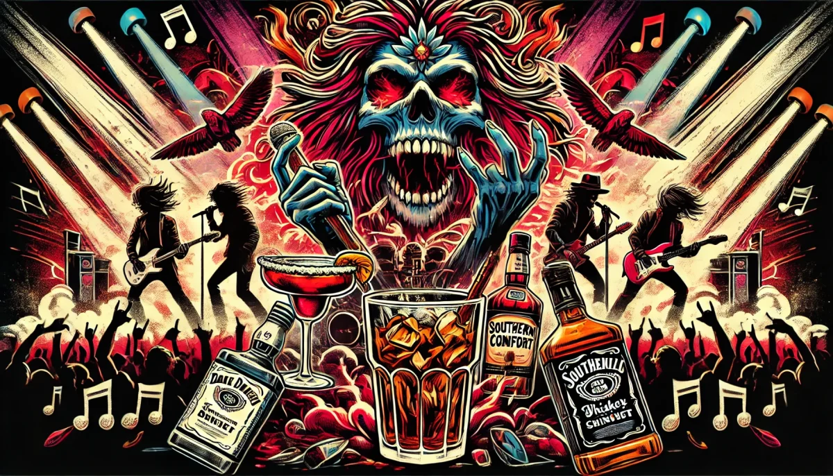 Ilustración bohemia de un concierto de rock con músicos sosteniendo bebidas icónicas como Margarita, whiskey con cola, Southern Comfort y Tequila Sunrise, reflejando el exceso típico de las leyendas del rock.