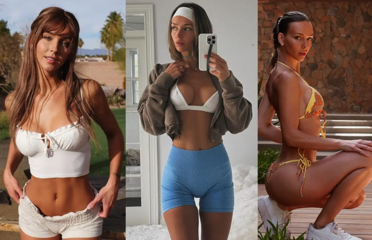 Collage de videos de Rachel Cook en TikTok luciendo lencería, ropa fitness y bikinis en escenarios sensuales