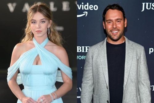 Sydney Sweeney y Scooter Braun en collage fotográfico de nueva relación Sydney Sweeney vestido azul y Scooter Braun traje gris en fotos separadas